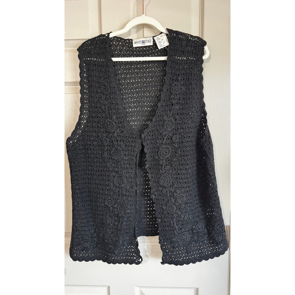 Vintage Crochet Vest Black‎ Floral Details Size 16 Boho Whimsy Fairy Grannycore